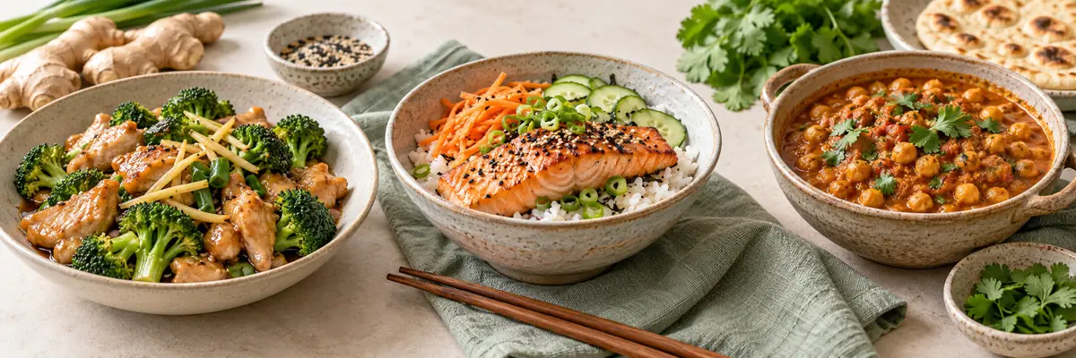 Asian recipes spread with chicken and broccoli, a salmon rice bowl, and chickpea curry