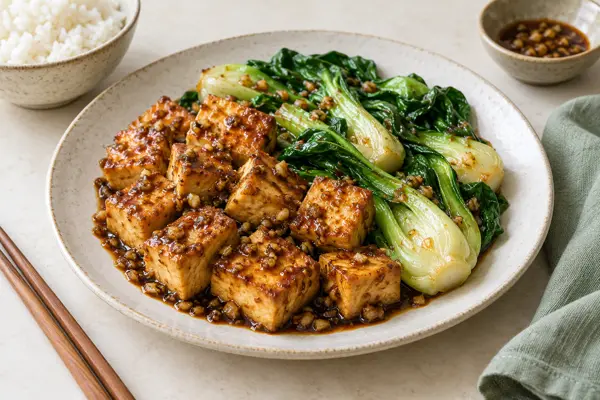 Garlic Tofu & Bok Choy — AI-generated serving illustration