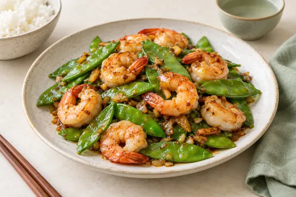 Shrimp & Snow Peas — AI-generated serving illustration