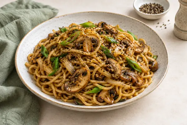Black Pepper Mushroom Noodles — AI-generated serving illustration