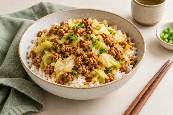 Pork & Cabbage Rice Bowls — AI-generated serving illustration