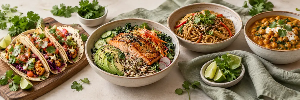 Fusion recipes spread with tacos, a salmon grain bowl, noodles, and chickpea curry