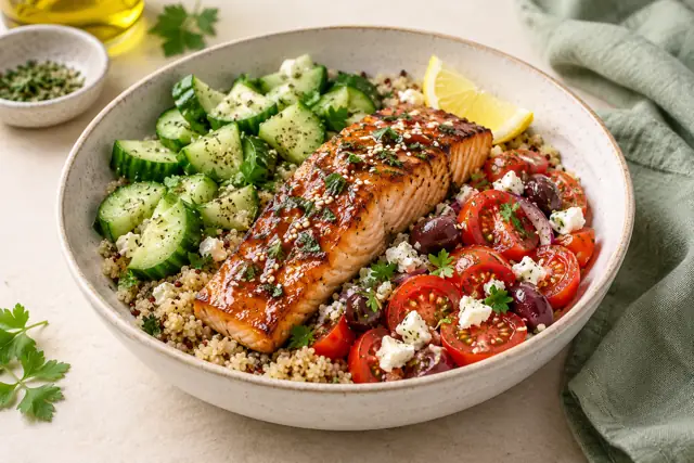 Serving illustration: Mediterranean Teriyaki Salmon Bowls