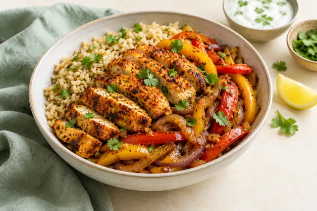 Serving illustration: Tandoori-Spiced Chicken Fajita Bowls