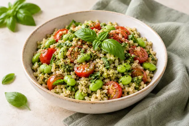 Serving illustration: Pesto Edamame Rice Bowls
