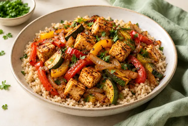 Serving illustration: Cajun Tofu Vegetable Stir-Fry