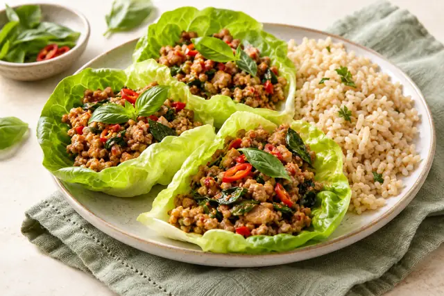 Serving illustration: Thai Basil Turkey Lettuce Wraps