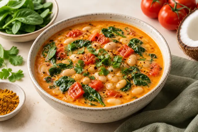Serving illustration: Coconut Curry Tomato White Bean Soup
