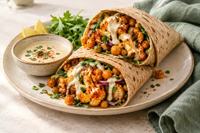 Serving illustration: Harissa-Inspired Cauliflower Chickpea Wraps