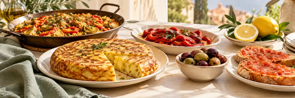 Spanish recipes spread with potato tortilla, rice, roasted peppers, olives, and tomato toast