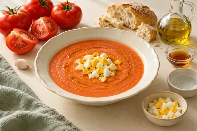 Serving illustration: Salmorejo-inspired tomato & bread soup