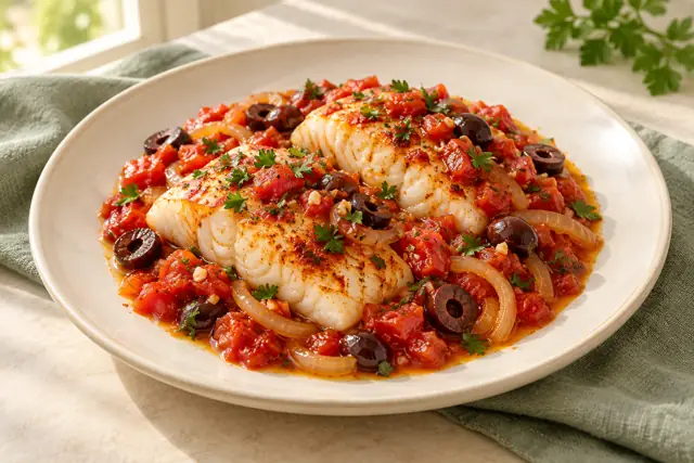 Serving illustration: Baked cod with tomato & olives