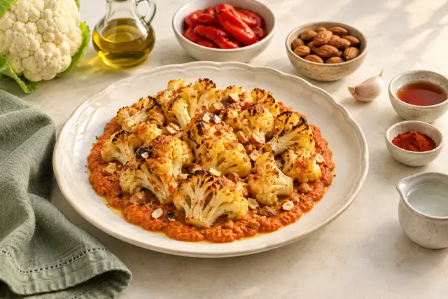 Serving illustration: Roasted cauliflower with romesco-style sauce