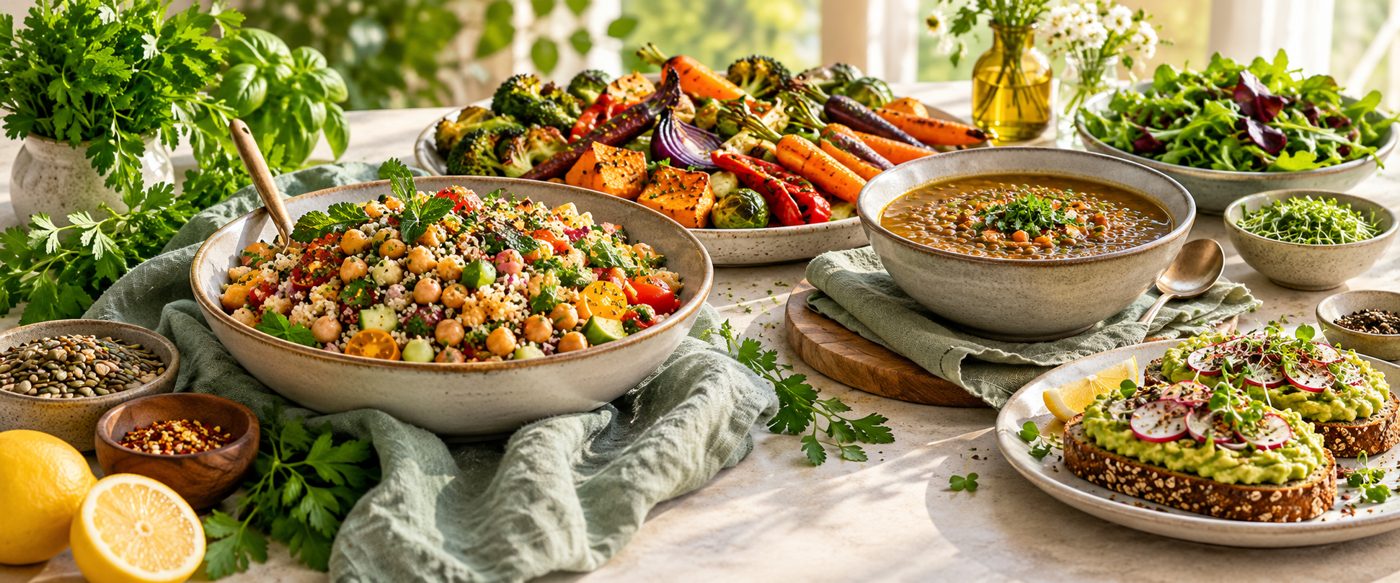 Plant-based recipes spread with chickpea salad, roasted vegetables, lentil soup, and avocado toast.