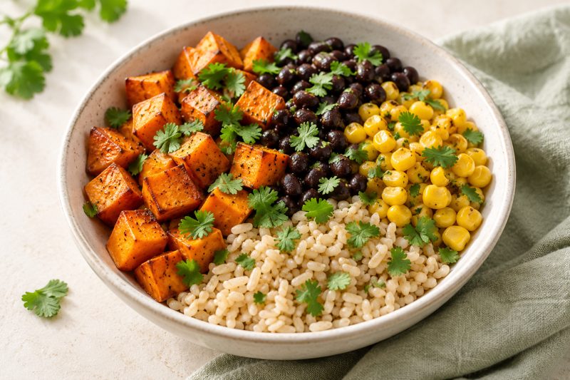 Serving illustration: Roasted Sweet Potato Black Bean Bowls